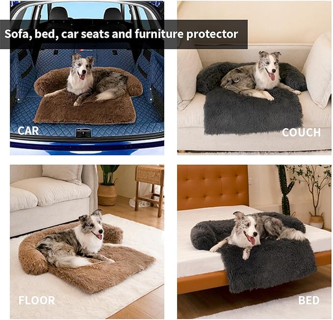 Dog Couch Bed Calming Dog Beds for Large Dogs and Cats Fluffy Plush Pet Beds for Sofa Furniture Protector with Nonskid Bottom, Washable Cover (41x37x6, Brown)