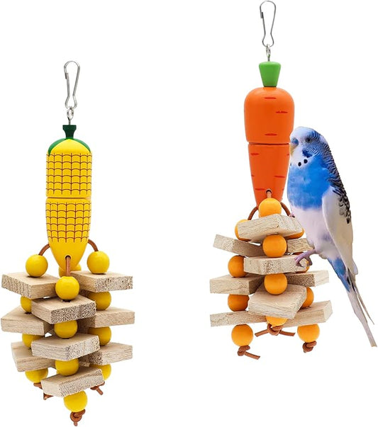 Bird Parrot Toys with Wood Blocks Beads and Colorful Ball, Corn & Carrot Style Hanging Parrots Cage Chewing Cascade Bite Toy for Small Medium Birds (Corn+Carrot)