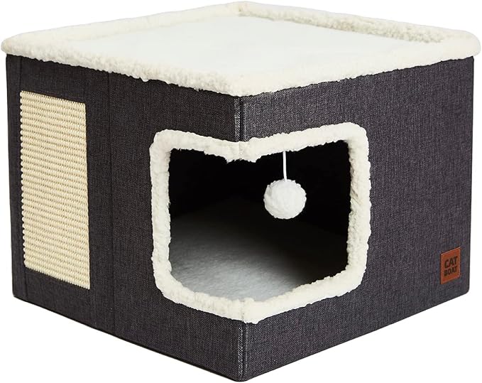 CATBOAT Cat Bed for Indoor Cats Cube House, Covered Cat Cave Beds & Furniture with Scratch Pad and Hideaway Tent, Cute Modern Cat Condo for Multi Small Pet Large kitten kitty, Grey