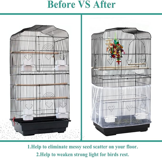 ASOCEA Bird Cage Seed Cather,Universal Adjustable Birdcage Cover Skirt Nylon Mesh Netting Parrot Parakeet Macaw African Round Square Cages Cover