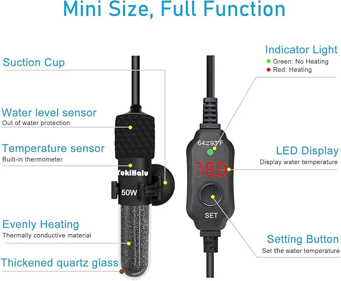 YukiHalu Small Submersible Aquarium Heater, Adjustable Mini Fish Tank Heater 25W 50W 100W 200W 300W with External Temperature Controller, LED Display, Used for 5/10/20/40/60 Gallons (50 Watts)