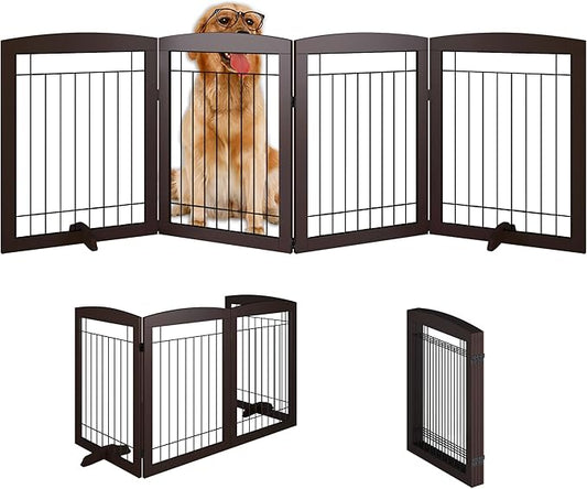 Folding Pet Gate 96" Wide, 30" Tall No-Assembly Wooden Dog Gate, Freestanding Wire Pet Gate, Pet Puppy Safety Fence, with 2PCS Support - Espresso