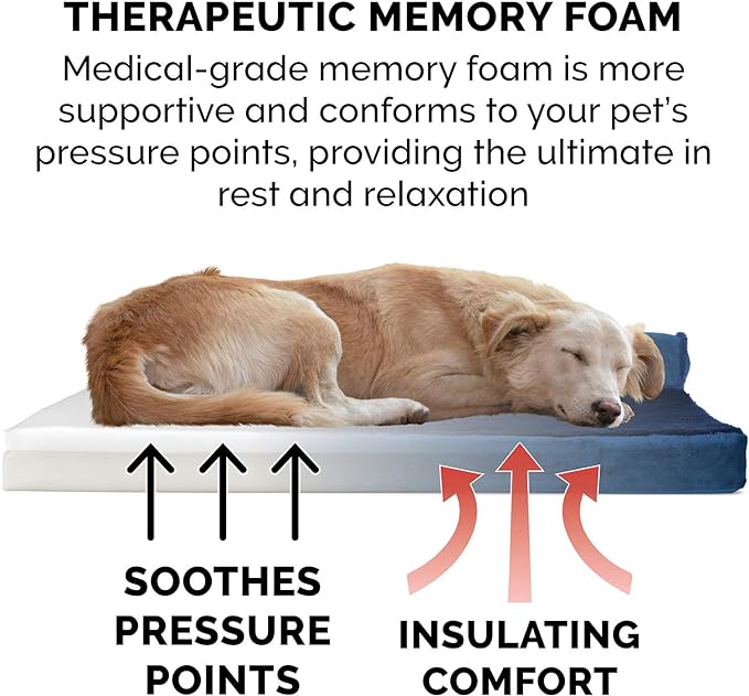 Furhaven Memory Foam Dog Bed for Medium/Small Dogs w/ Removable Bolsters & Washable Cover, For Dogs Up to 35 lbs - Plush & Velvet L Shaped Chaise - Deep Sapphire, Medium