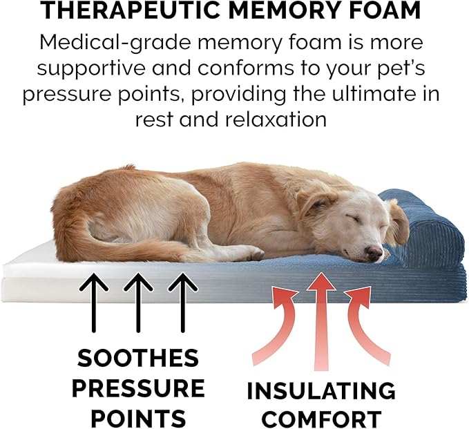 Furhaven Memory Foam Dog Bed for Large Dogs w/ Removable Bolster & Washable Cover, For Dogs UP to 125 lbs - Fleece & Corduroy Bolster Chaise - Navy, Jumbo Plus/XXL