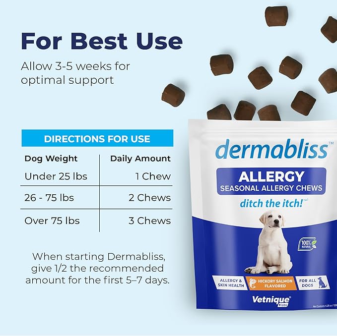Vetnique Dermabliss Dog Allergy Relief & Immune Support Supplement Allergy Chews for Dogs Itching and Licking with Omega 3 Fish Oil & Probiotics for Itch Relief - Vet Recommended (30ct Chews)