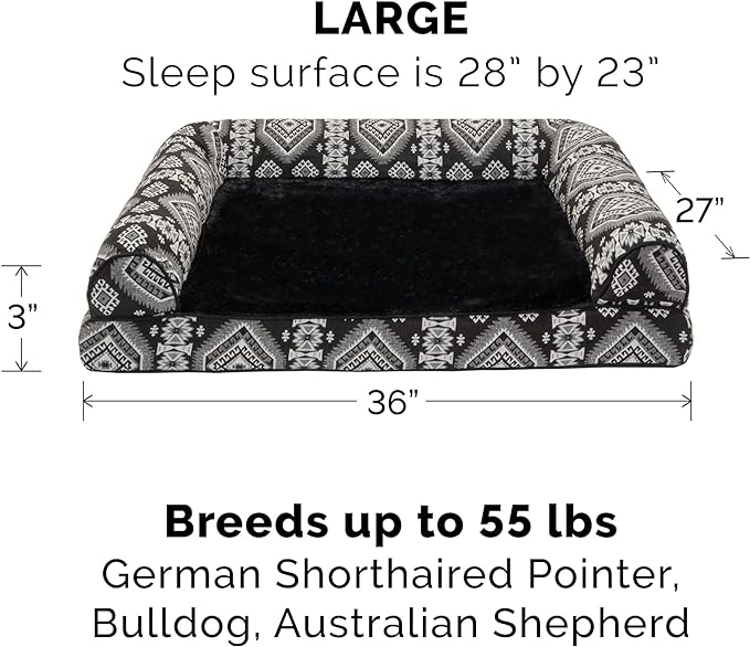 Furhaven Orthopedic Dog Bed for Large/Medium Dogs w/ Removable Bolsters & Washable Cover, For Dogs Up to 55 lbs - Plush & Southwest Kilim Woven Decor Sofa - Black Medallion, Large