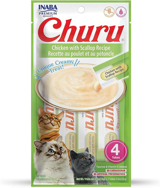 INABA Churu Cat Treats, Grain-Free, Lickable, Squeezable Creamy Purée Cat Treat/Topper with Vitamin E & Taurine, 0.5 Ounces Each Tube, 4 Tubes, Chicken with Scallop Recipe