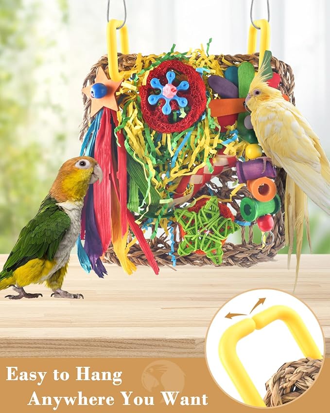 ERKOON Bird Cockatiel Toys Foraging Toys Hanging Parrot Toys for Lovebrid Parakeets Conures Bird Foraging Wall with Colorful Toys for Birds Shredding Seagrass, Birds Cage Toy Accessories