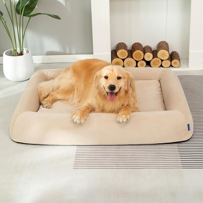 Orthopedic Dog Bed for Large Dogs Waterproof Pet Bed Soft Sofa with Two Fabrics Washable Removable Cover Egg Foam Support Anti-Slip Bottom Extra Head and Neck Support Sleeper,XL Beige