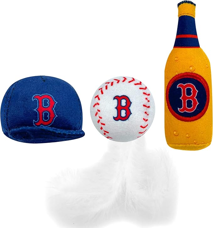 BEST PLUSH CAT TOY MLB BOSTON RED SOX Complete Set of 3 piece Cat Toys filled with Fresh Catnip. Includes: 1 Baseball Cap Cat Toy, 1 Baseball Cat Toy with Feathers & 1 Beer Bottle. Beautiful Team LOGO