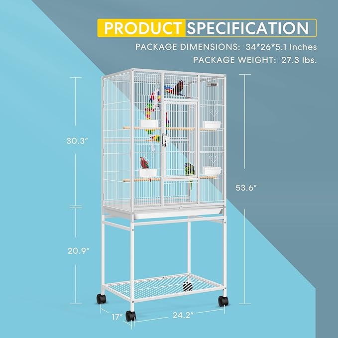 VIVOHOME 54 Inch Wrought Iron Large Bird Flight Cage with Rolling Stand for Parakeets Canaries Cockatiels Lovebirds Conures, White