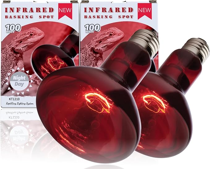 Red Basking Bulb for Reptiles, 2 Pack 100W Upgraded Infrared Basking Spot, Reptile Night Heating Bulb Light, Red Heat Lamp Bulb for Bearded Dragon Turtle Chicken