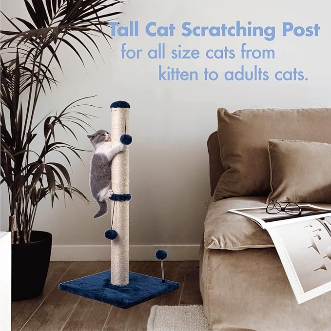 34“ Tall Cat Scratching Post Premium Basics Kitten Scratcher Sisal Scratch Posts Trees with Hanging Ball for Indoor Cats (34 inches for Adult Cats, Navy)