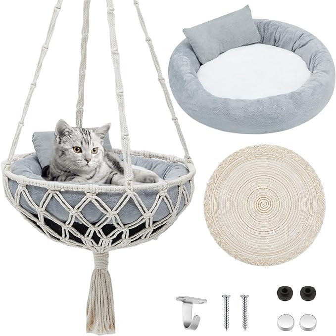 3 Pcs Macrame Cat Hammock, Including Boho Hanging Cat Bed Cat Scratcher Cat Scratch Pad Cat Swing Hanging Cat Window Perch for Small Cat Small Dog (Fresh Style,44.5 x 15.7 Inch)