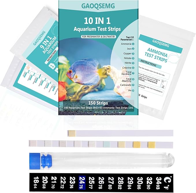 10 in 1 Ammonia Water Test Kit for Aquarium,150 Strips Freshwater Saltwater Fish Tank Test Strips for Testing Ammonia,pH,Hardness,Nitrite,Nitrate,and More