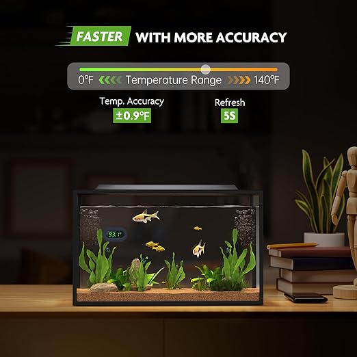 Aquarium Thermometer Digital, LED Display Fish Tank Thermometer Stick On Highly Accurate to ±0.9℉, Wireless Temperature Measurement for Fish, Betta, Aquatic, Replaceable Battery