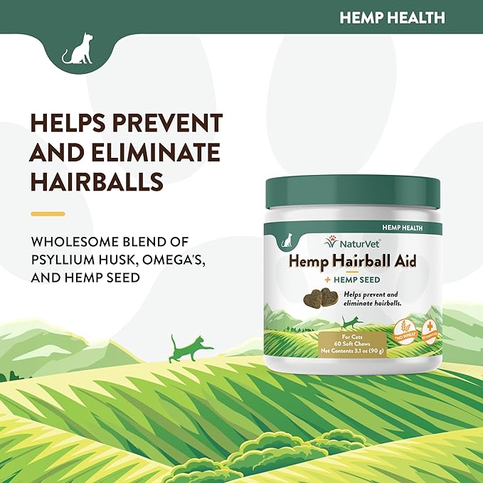 NaturVet Hemp Hairball Aid Plus Hemp Seed for Cats, 60 ct Soft Chews, Made in The USA