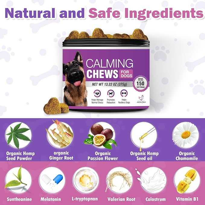 Hemp Calming Chews for Dogs 150PCs Dog Calming Treats and Bites with Hemp Oil - Anxiety and Stress Relief for Dogs Puppy Melatonin Sleep Aid Calm Dog, Noise, Thunder, Barking, Separation, Chewing