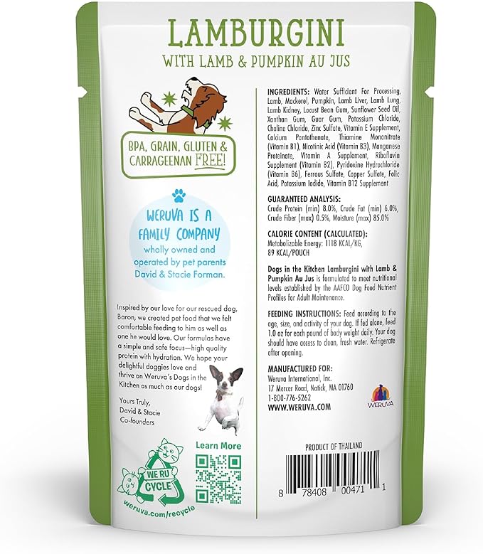 Weruva Dogs in The Kitchen, Lamburgini with Lamb & Pumpkin Au Jus Dog Food, 2.8oz Pouch (Pack of 12), Green
