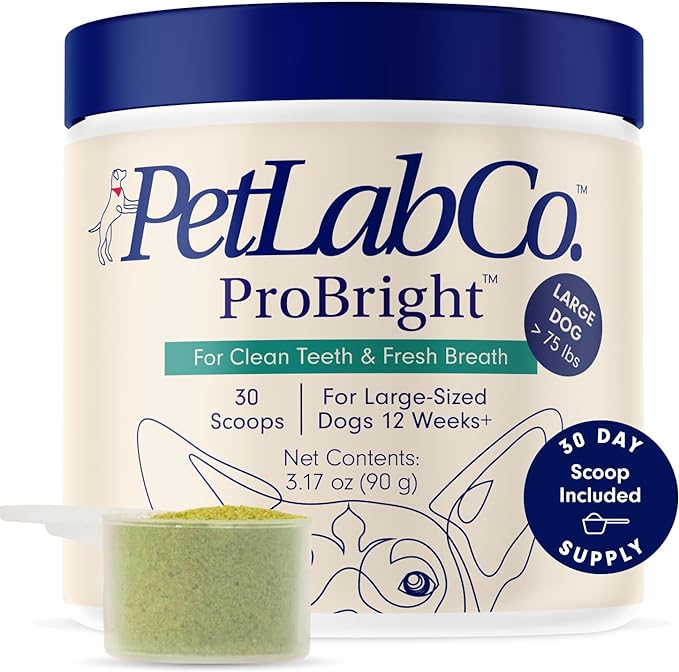 PetLab Co. ProBright Dental Powder - Dog Breath Freshener - Teeth Cleaning Made Easy – Targets Tartar & Bad Breath - Formulated for Large Dogs