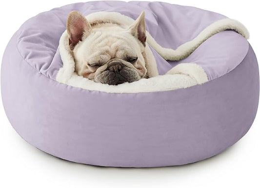Lesure Medium Dog Bed with Cover Cave - Covered Round Dog Bed for Small and Medium Dogs, Machine Washable Burrow Pet Bed with Hooded Blanket, Cozy Cave Dog Bed with Anti-Slip Bottom, Purple 26"