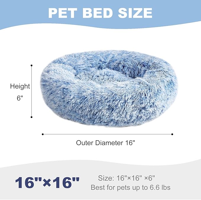 Aurako Cat Bed Dog Bed Round Cushion Pet Bed Mat Ultra Soft Plush Donut Sofa Comfortable Pillow Machine Washable Pet Cuddle Beds for Kitten Small Medium Large Dogs Cats 16" Blue and White