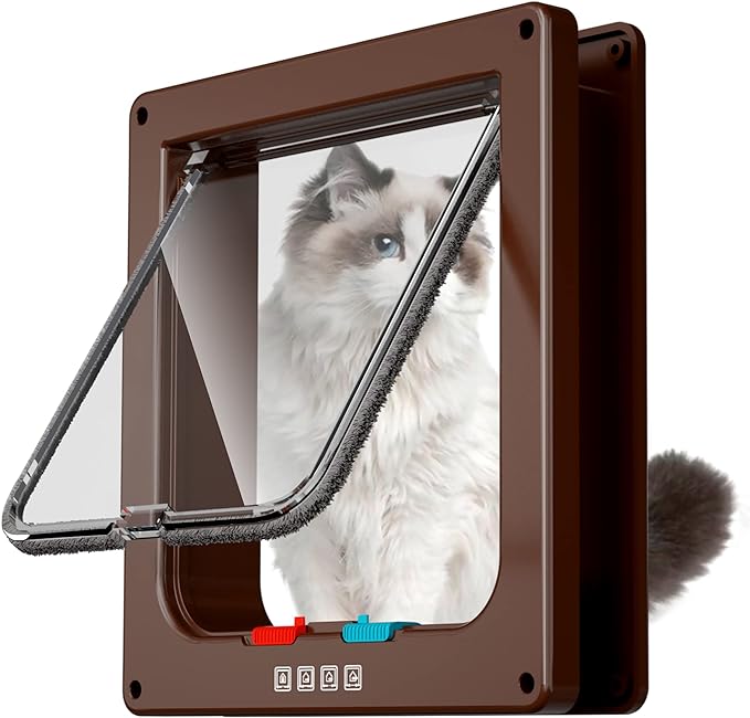 Extra Large Cat Door, Pet Door for Dog or Cat, 4 Switch Modes Locking Cat Door Interior Door Suitable for Window and Wall (Brown)