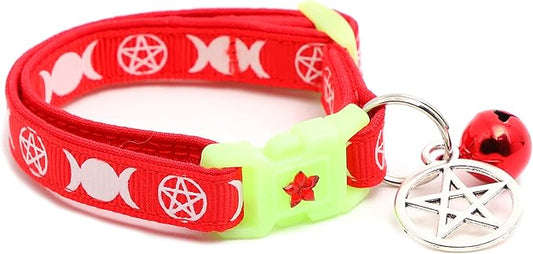 Wicca Cat Collar with Occult Charm & Bell | Witch’s Familiar Cat Collar | Witch Kitten Collar Charms | Glow in The Dark | Safety Breakaway Collar (Small(10lbs & Less), Red)