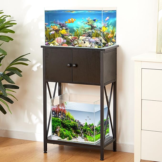 10 Gallon Fish Tank Stand with Cabinet, Double Aquarium Stand for 10 & 5 Gallon Fish Tank, Heavy Metal Stand with Stable Structure, Adjustable Table Feet & Anti-tilt Device - Black