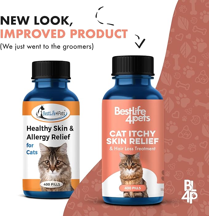 BestLife4Pets All-Natural Healthy Skin and Allergy Relief for Cats - Allergy Medicine for Cats; Cat Allergy Medication; Cat Itchy Skin Treatment - Strengthen Immune System - Easy to Use Pills