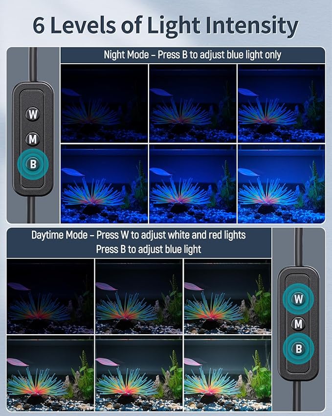 Pawfly12W Aquarium LED Light for 18 to 24 Inch Fish Tanks Extendable Fish Tank Light with Full Spectrum Brilliant White Blue Red Lights with Daytime & Night Modes and Adjustable Brightness