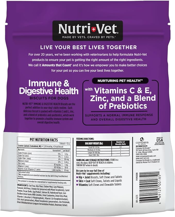 Nutri-Vet Immune & Digestive Health Biscuits for Dogs - Immune Health Dog Biscuits - Prebiotic & Postbiotic Dog Treat - Tasty Digestive Dog Biscuits - 16 oz