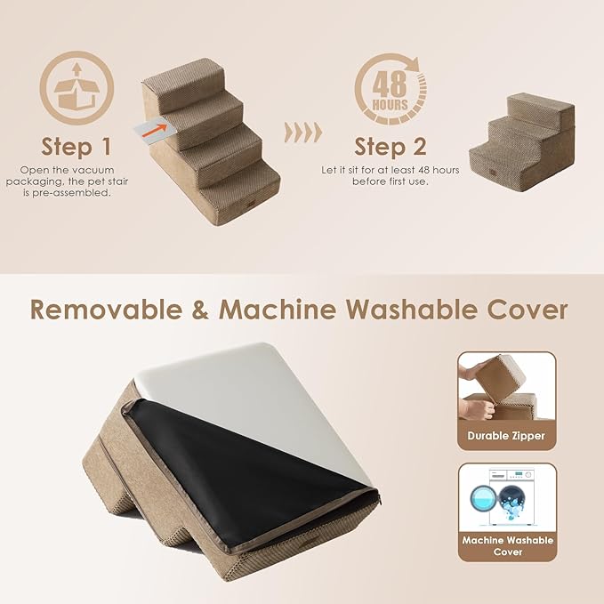 EHEYCIGA Dog Stairs for Small Dogs 13.5" H, 3-Step Dog Steps for Couch Sofa and Chair, Pet Steps for Small Dogs and Cats, Non-Slip Balanced Dog Indoor Ramp, Camel