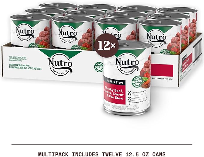 NUTRO HEARTY STEW Adult Natural Grain Free Wet Dog Food Cuts in Gravy Chunky Beef, Tomato, Carrot & Pea Stew, (12) 12.5 oz. Cans