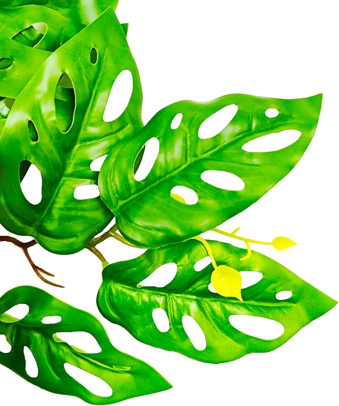 Reptile Artificial Plants with Base, Terrarium Decor Amphibian Habitat Plant, Bearded Dragon Tank Accessories fit Gecko Lizard Chameleon Snake Frog - Monstera Adansonni