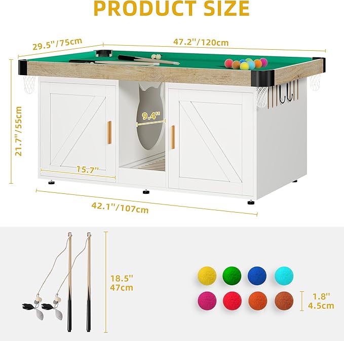 DWVO Cat Litter Box Enclosure for 2 Cats, Litter Box Enclosure Furniture Hidden with Double Room, 2-in-1 Wooden Cat Cabinet with Mini Pool Table Tower, 2 Feather Teaser Sticks & 8 Felt Balls, White