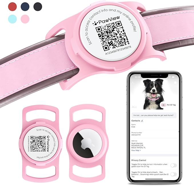 AirTag Dog Collar Holder, Smart QR Code AirTag Holder for Cats and Dogs - Scan Alert | Instant Location | Pet Online Profile | Contacts Info | Pet APP Remote Control (1 Pack, Pink)