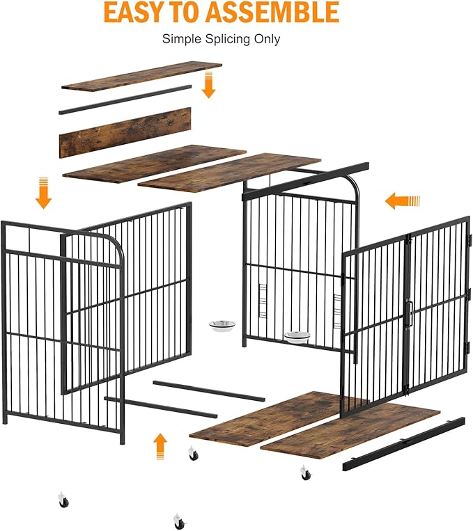 40’’ Dog Crate Furniture, Wooden Dog Crate End Table with Adjustable Height & 360° Rotating Feeder for Medium Dogs, Heavy Duty Dog Kennel Indoor with Movable Wheels(39.76''L x 22.5''W x 38.58''H)