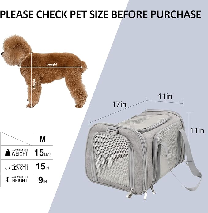 Henkelion Cat, Dog Carrier for Small Medium Cats Puppies up to 15 Lbs, TSA Airline Approved Carrier Soft Sided, Collapsible Travel Puppy Carrier - Grey