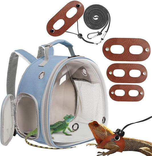 Guinea Pig Carrier,Guinea Pig Carrier for 2,Reptile Travel Carrier for Lizards Sugar Glider Hedgehog Rat Parrot Birds (Blue, Backpack+Harness Leash Brown)