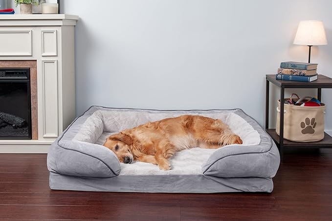 Furhaven Cooling Gel Dog Bed for Large Dogs w/ Removable Bolsters & Washable Cover, For Dogs Up to 95 lbs - Plush & Velvet Waves Perfect Comfort Sofa - Granite Gray, Jumbo/XL, 40.0"L x 32.0"W x 9.5"Th