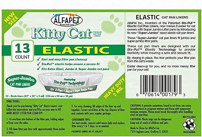 Alfapet Kitty Cat Pan Litter Box Disposable, Elastic Liners-13-Pack-For Extra-Giant, Jumbo, Super-Jumbo Size Litter Pans- with Sta-Put Technology for Firm, Easy Fit- Quick + Clever Waste Cleaners