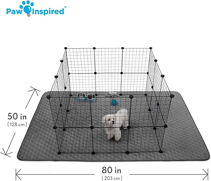 Paw Inspired 80x50” Waterproof Playpen Mat | Super Absorbent Fleece Cage Liner with Non-Slip Bottom | Pet Play Pen Pad for Dogs, Rabbits, Guinea Pigs, Hamsters, Small Animals (Dark Gray)