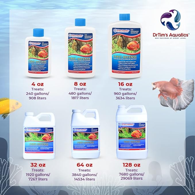 DrTim's Aquatics First Defense for Freshwater Aquariums – Stress Relief & Immune System Support with Vitamins Immunostimulants Fish Tanks 32oz.