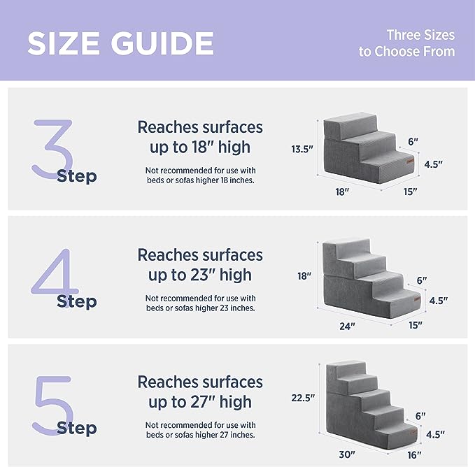 Lesure Dog Stairs for Small Dogs - Pet Stairs for Beds and Couch, Folding Pet Steps with CertiPUR-US Certified Foam for Cat and Doggy, Non-Slip Bottom Dog Steps, Grey, 3 Steps