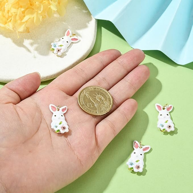 LiQunSweet 5 Pcs Micro Pave Cubic Zirconia Charms with Enamel White Bunny Rabbit Charm for Easter Jewelry Making DIY Accessories - 25x13mm