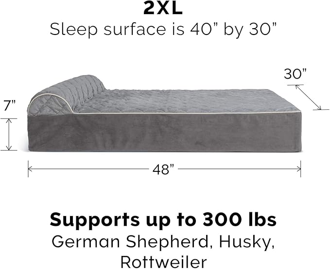 Furhaven Orthopedic Dog Bed for Extra Large Dogs w/ Bonus Water-Resistant Liner & Removable Washable Cover, For Dogs Up to 300 lbs - Goliath Quilted Faux Fur & Velvet Bolster Chaise - Gray, XXL