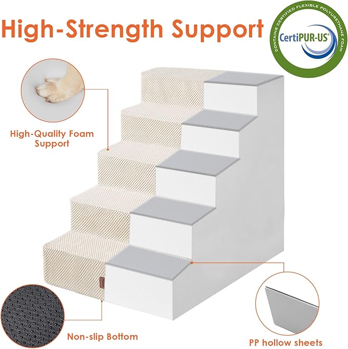 EHEYCIGA Dog Stairs for High Bed 25”H, 5-Step Extra Wide Dog Steps for Bed, Pet Steps for Small Dogs and Cats, Non-Slip Balanced Dog Indoor Ramp, Beige