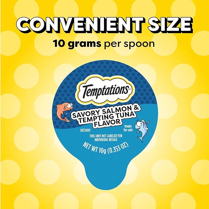 Temptations Lickable Spoons Adult Wet Cat Treat, Savory Salmon and Tempting Tuna Flavor, 10 Grams, Pack of 24 (96 Total Treats)