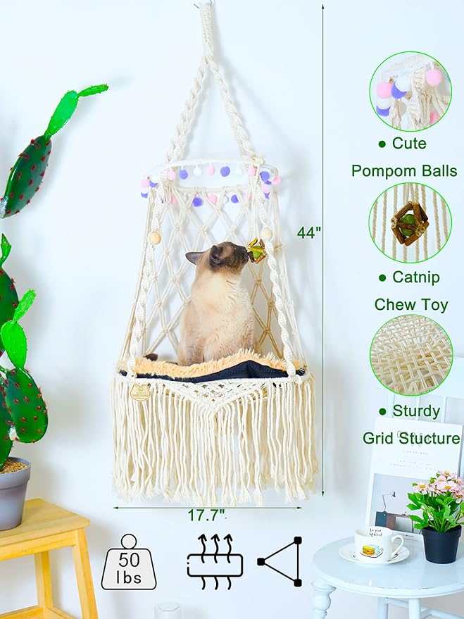 Hanging Cat Hammock Bed 9 Pcs Macrame Cat Swing Bed Macrame Hanging Cat Bed, with 2 Catnip Mat Bed